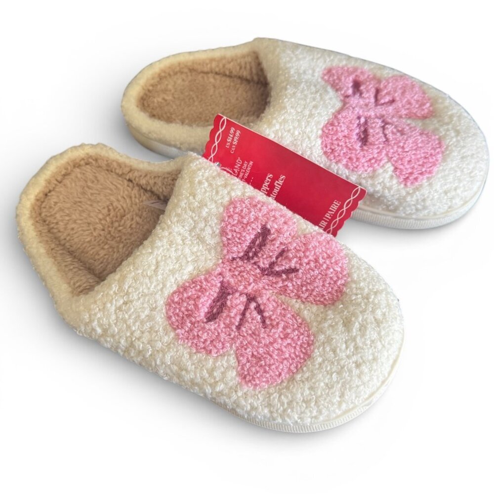 Ashland Girls Plush Slippers Pink Bow Cream Sherpa House Shoes Size: 3 NEW
